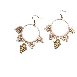 Handmade Macrame <b>Hoop</b> <b>Earrings</b> Boho Tribal Dangle <b>Earrings</b> with Leaf <b>Charms</b> Ethnic Gypsy Jewelry Natural Cotton Fiber Artisan - Product Image 1