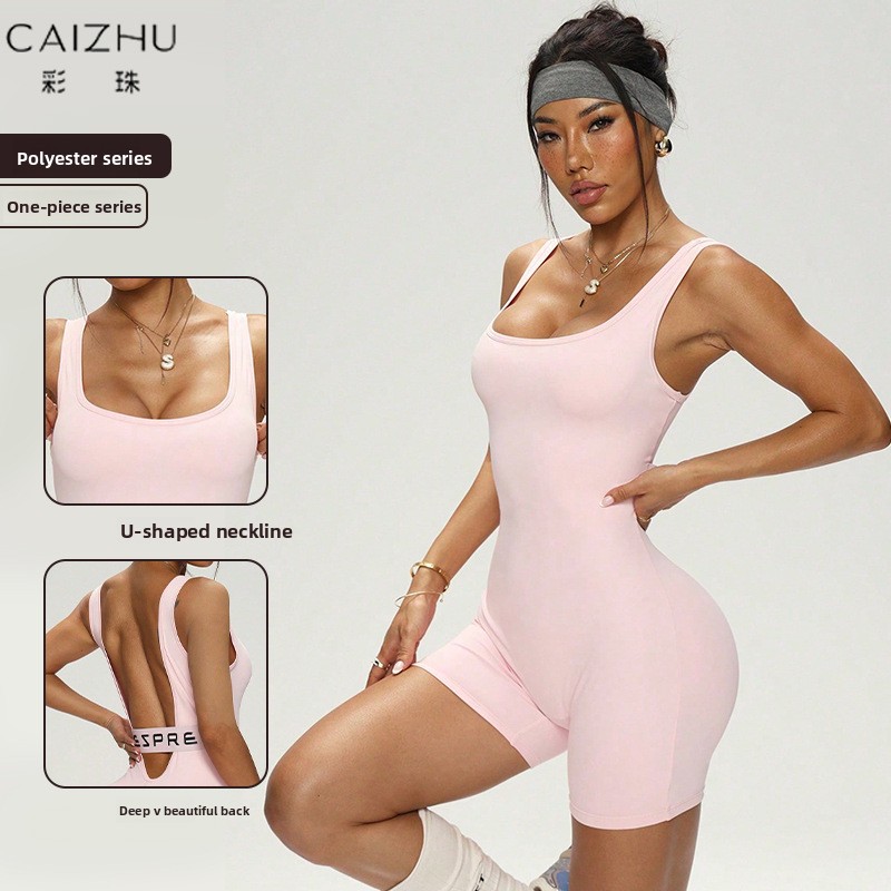 Women's European American Summer Bodysuit Sports Fitness Top Seamless Elastic Sexy One-Piece Shorts Yoga Wear Sleeveless Pull-On