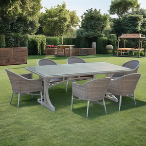 Sconto 7 pezzi di lusso PE Rattan Set <span class=keywords><strong>da</strong></span> pranzo Foshan impermeabile prezzo di fabbrica sedia e tavolo <span class=keywords><strong>da</strong></span> giardino all'aperto - Product Image 1