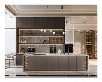 Îlot de cuisine en verre avec évier, base en contreplaqué et PVC, armoire de cuisine haute en marbre étanche avec rangement pour villa