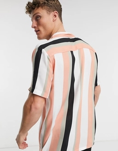 Stylish Short Sleeve Mens Clothing Summer Casual Top <strong>Revere</strong> <strong>Collar</strong> Stripe Men's <strong>Shirts</strong> in Peach - Product Image 4