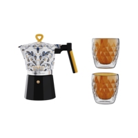 Coffret Cadeau Machine à Café Expresso Style Italien avec Deux Tasses – Design Élégant en Verre – Cafetière Moka pour Plaque de Cuisson à Usage Domestique