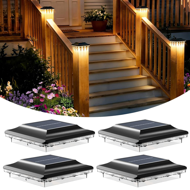 16 LED Spot Lens Waterproof Post Light 3-Color Modes Solar Post Cap Lights Outdoor Pillar Light Fit for for Wooden Vinyl Post