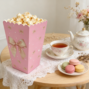 Boîtes à popcorn en papier rose avec nœud, contenants en <span class=keywords><strong>carton</strong></span> blanc pour friandises, pour l'<span class=keywords><strong>anniversaire</strong></span> d'une <span class=keywords><strong>fille</strong></span>, emballage pour bonbons et collations - Product Image 2