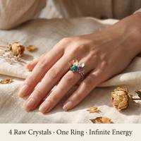 Bague vintage bohème ajustable en argent avec grappe de cristaux naturels bruts, sertie de griffes, Citrine Améthyste Quartz Rose