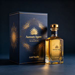 Boîte cadeau pliante en papier pour tequila <span class=keywords><strong>extra</strong></span> añejada dorée, avec impression UV personnalisée de logo haut de gamme et fermeture à rabat. - Product Image 1