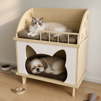 Maisonnette pour animaux en bois personnalisée 2-en-1 : Perchoir pour chat et niche pour petit chien, entrée en forme de tête de chat, pieds robustes, lit d'intérieur pour animaux