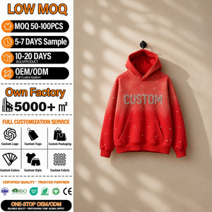 Sudadera con Capucha Roja Unisex con Logotipo Personalizado, Felpa Francesa, Adornada con Pedrería, Bolsillo Frontal, Ropa Casual de Otoño, OEM ODM - Product Image 1