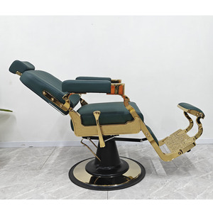 Sillón de Barbería Hidráulico Vintage, Ajustable, para Corte de Cabello, Tapizado en Verde, Reclinable, con Reposapiés - Product Image 3