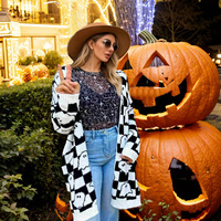 Cardigan en tricot jacquard européen et américain pour femme, mi-long, ample, avec doublure en laine et motif fantôme d'Halloween, idéal pour l'automne