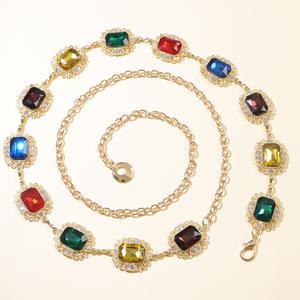 Cadena de cintura de metal con cristales de colores, diseño geométrico, cadena corporal de moda para fiestas, para mujer, con engaste de bisel de aleación de zinc dorada. - Product Image 3