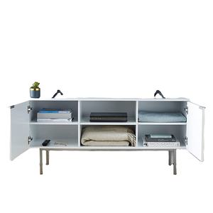 Modern Ridged TV Cabinet Large Entertainment <strong>Unit</strong> W/ 2 <strong>Cupboards</strong>, Open <strong>Shelving</strong> &amp; Silver Legs - White TV <strong>Unit</strong> for Living Room - Product Image 2