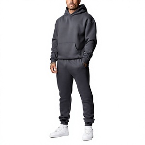 Conjunto de Sudadera con Capucha y Pantalones Deportivos para Hombre, Color Sólido, Manga Larga, Chándal Informal con Bolsillos Laterales, Cintura Elástica, Algodón de 340 g/m² - Product Image 1