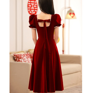Women's Burgundy Velvet Engagement Dress Square Collar A-Line Mid Length Vintage <b>Wedding</b> Toast Dress - Product Image 5