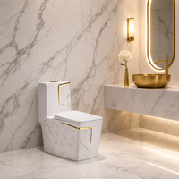 WC monobloc en céramique à motif marbre blanc, carré, avec ligne dorée et double chasse d'eau à siphon pour salle de bain moderne
