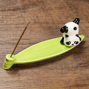 Ceramic Panda Incense Burner Green Leaf Shape <b>Hand</b> <b>Made</b> For Desk Tea Table Decor Therapeutic Aromatherapy Gift - Product Image 4