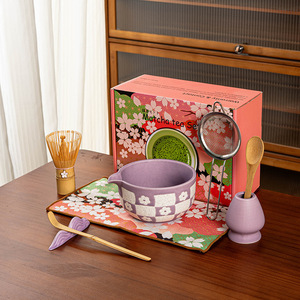 Ensemble de bols à matcha japonais 4/5/7/8 pièces, kit en céramique verte Chawan avec bec verseur, motif de fleurs de cerisier pour fouetter le thé - Product Image 6