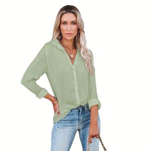 Blusa con cuello en V y botones a la moda para mujer, corte holgado, liso, teñido, manga larga/corta, estilo informal de oficina, negocios, Verano - Product Image 2