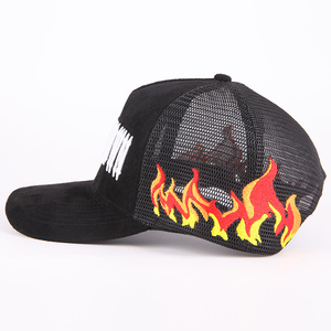 Tùy Chỉnh Ngọn Lửa Thêu Hat Người Đàn Ông Gorras Thể Thao Trucker Mũ Lửa Lưới Da Lộn Trucker Hat - Product Image 3