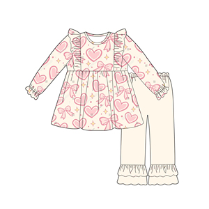 Completo Set <span class=keywords><strong>Abbigliamento</strong></span> Bambino/a: Top Popolare a Maniche Lunghe con Volant e Pantaloni Tinta Unita in Morbido Tessuto di Bambù – Collezione Primavera Autunno - Product Image 6