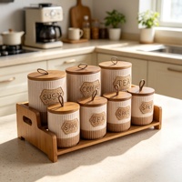 Ensemble de 7 pots à épices en céramique écologiques avec couvercles en bois, modernes, luxueux, pour la conservation de la fraîcheur, anti-poussière, faits à la main