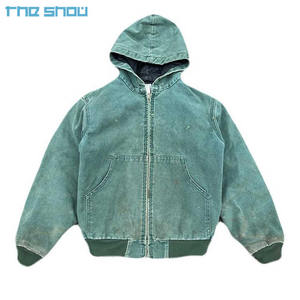 سترة عمل مخصصة من قماش البط القطني مع سترة مبطنة كبيرة الوزن الثقيل باهتة بغطاء رأس عامل بسحاب لغسيل الأحماض بغطاء رأس - Product Image 1