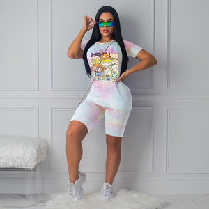 Casual Summer Women Cartoon printing Loose Short Sleeve O-neck T-shirt 2 Piece Biker Running Shorts Set - Product Image 5