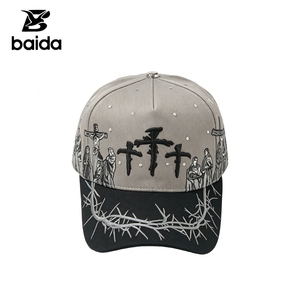 Casquette de baseball unisexe en daim rose à 5 panneaux avec broderie 3D Jésus à trois croix, strass et épines – Vente en gros - Product Image 3