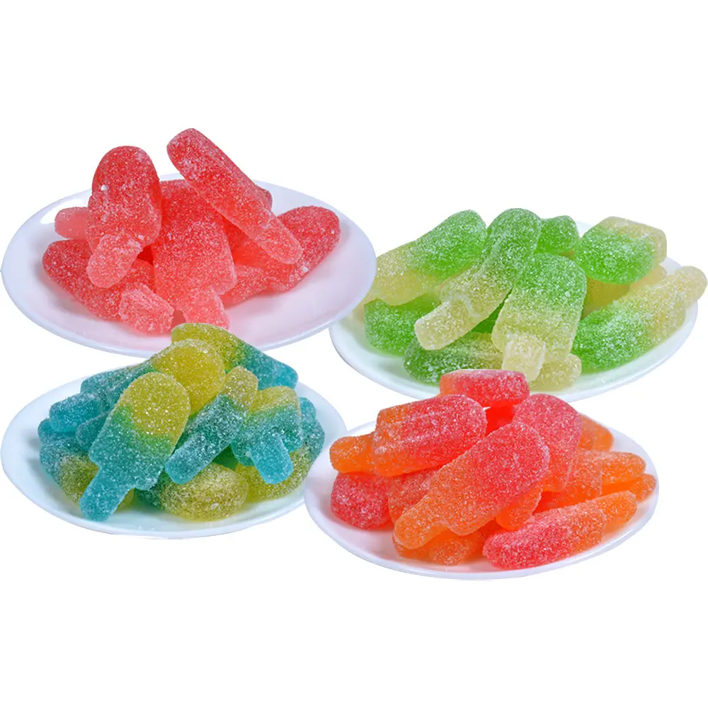 Amos OEM Custom Service Ice Cream Fruits Flavor Jelly Bean Soft Candies Sour Sugary Feet Halal New Gummy Candy Bottle Sweets