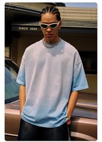T-shirt en maille épaisse 100% Coton 250 GSM, style streetwear vieilli, coupe oversize à épaules tombantes, anti-boulochage, vente en gros