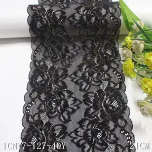 Latest Design Stock Black 21cm Flower Lace with Gold Thread Elastic Lace Trim for Lingerie and Fashion Women Dresses