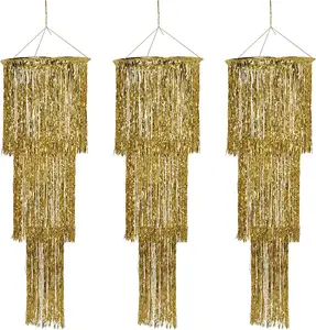 Lustres suspendus scintillants en plastique doré métallique à trois niveaux pour le décor de thème de décorations de fête du nouvel an