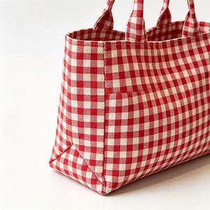 Eco Friendly Vintage Reusable Open Top <b>Red</b> <b>Gingham</b> Check Canvas for Daily Shopping Custom Logo Canvas Tote Bag - Product Image 2