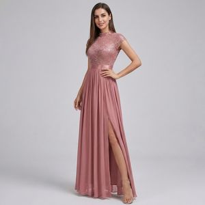 Abito da sera rosa <span class=keywords><strong>cannella</strong></span> a maniche corte |   Abito formale lungo fino al pavimento con spacco laterale e cerniera centrale sul retro - Product Image 3