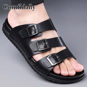 Comfdaily Men Genuine Leather <b>Slides</b> Open Toe Anti <b>Slip</b> Rubber Outsole Casual Summer Sandals - Product Image 4