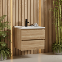 Ensemble de meuble-lavabo mural en bois massif moderne avec lavabo en céramique et miroir inclus, forme rectangulaire, pour usage hôtelier
