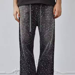 Pantaloni Vintage in Denim a gamba larga con strass lucido per uomo <span class=keywords><strong>abbigliamento</strong></span> <span class=keywords><strong>Streetwear</strong></span> con coulisse lungo per produttore - Product Image 4