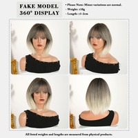 Peluca de Cabello Sintético de 12 Pulgadas, Color Ombre Marrón Ceniza con Raíces Platinadas, Corte Bob Corto con Flequillo Recto, Fibra Resistente al Calor, Aspecto Natural