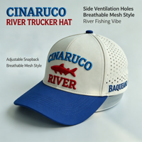 Casquette de baseball structurée pour la pêche en plein air, bicolore, personnalisée, avec broderie 3D en relief de poisson, découpée au laser et dotée de trous de ventilation respirants