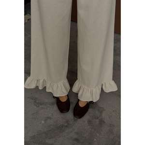 Pantalones de Lino Beige para Mujer, Corte Recto, Cintura Media, Dobladillo con Volantes, Transpirables - Product Image 2