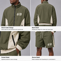Ensemble de survêtement personnalisé vert olive en nylon, veste et short colorblock crème pour homme, fermeture éclair, col montant, logo imprimé, fournisseur OEM