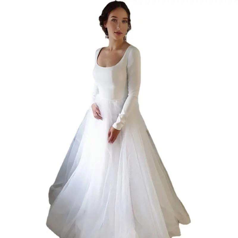 Elegant Simple Chiffon Lace Long Sleeve White Vintage Wedding Dresses