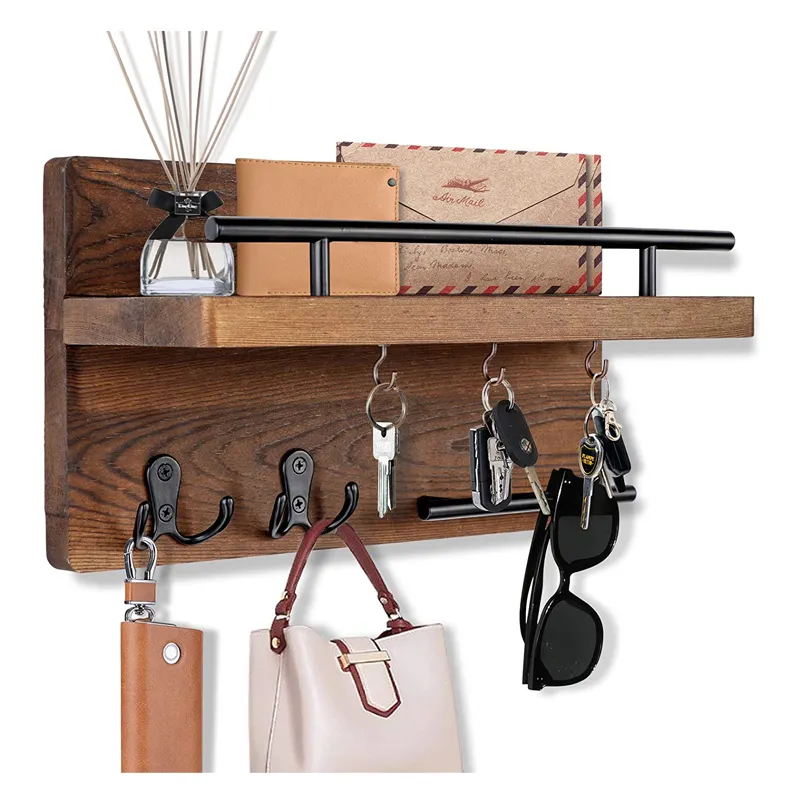 Nordic 2 Pcs Wooden Mail And key holder for wall decorative with 5 key hooksl Modern Decorative Wall Wood With Shelf