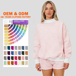 Custom High Quality Oversized French Terry Cotton Plain Striped Mock Neck Sweatshirt <b>Two</b> <b>Piece</b> Sweat Shorts Women Sweatsuit Set - Product Image 1