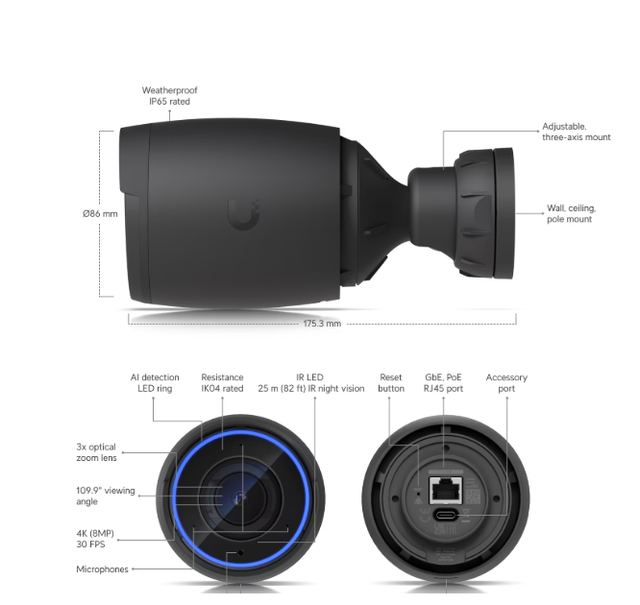 Ubiquiti UVC-AI-Pro 4K 8MP PoE IP Bullet Camera with 3x Optical Zoom AI Smart Detection Face Recognition LPR IP65 Weatherproof