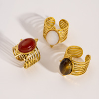 3 Farben Ovaler Stein Verstellbarer Offener Ring Vergoldet Mehrschichtiges Band Vintage Statement-Schmuck für Frauen