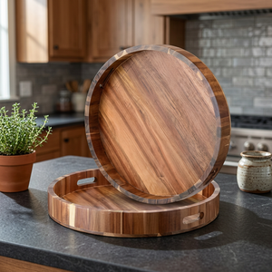 Plateau de service rond en bois avec poignée, finition polie, motif bois d'acacia, pour usage résidentiel - Product Image 3