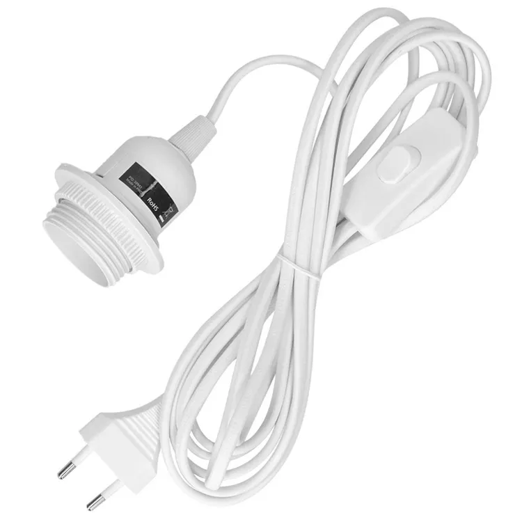 VDE CE approval 2 core flat wire EU plug power lamp cord with on off switch E27 lampholder white color