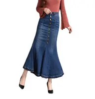 새로운 패션 긴 Bodycon 스커트 여성 높은 허리 버튼 포켓 프론트 Fishtail 블루 데님 맥시 스커트 슬림 문학 스타일