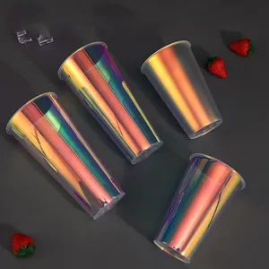 500ml PP injection cup with laser film inner sticker cold hot drink boba bubble cups custom rainbow in-mold paste plastic cup